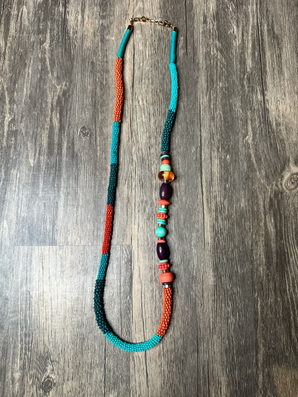 Plunder Colorful Beaded Statement Necklace Teal Orange Boho Long